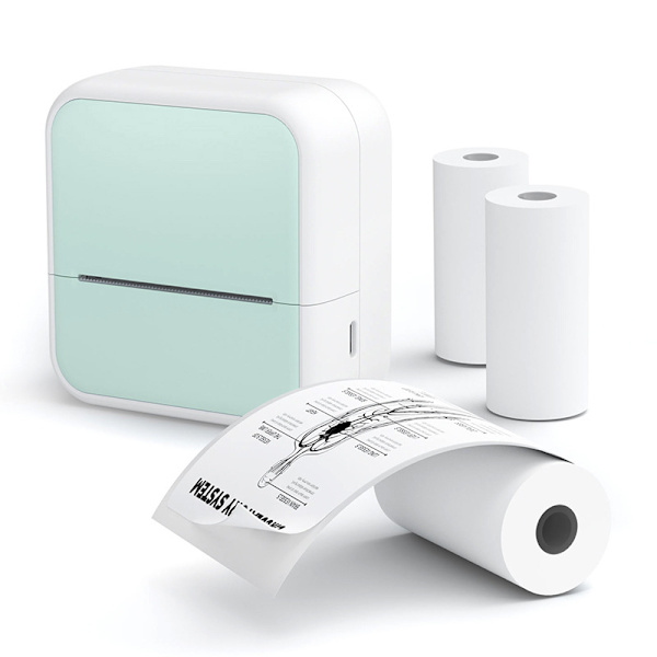 Bluetooth termisk printer, etiketprinter med 5 ruller etiketpapir (grøn)