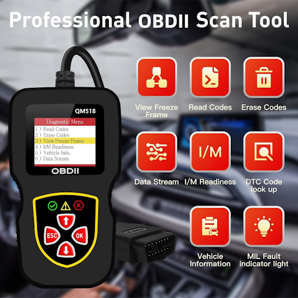 QM518 Scanner Kodläsare Bil OBD2 CAN Diagnostiskt Skanningsverktyg för Alla OBD II Protokollbilar Sedan 1996