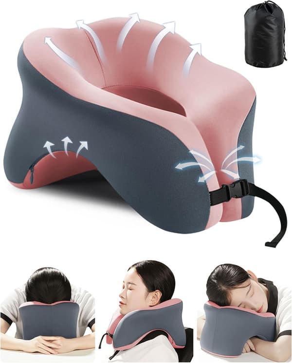 Nackkudde Memory Foam Komfort U-formad Resekudde 360° Huvudstöd Kudde Justerbart Spänne Rosa