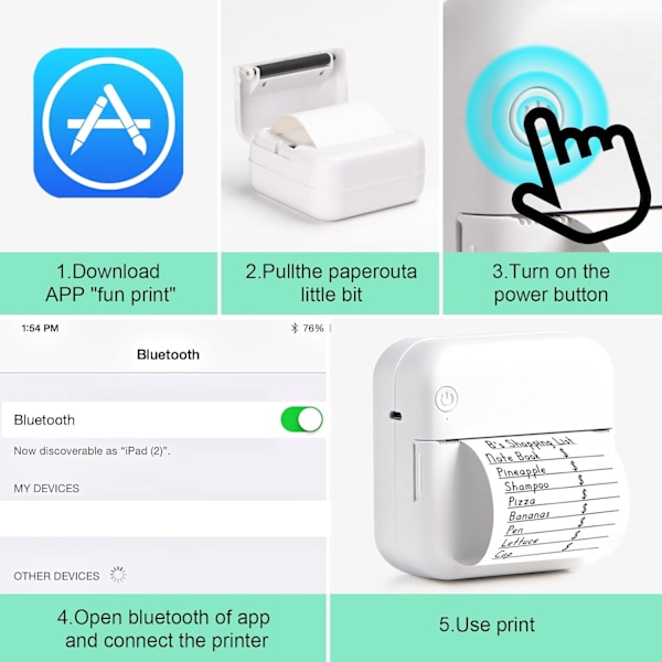 Bluetooth termisk printer leveres med 6 ruller trykpapir, kompatibel med Android Ios smartphones