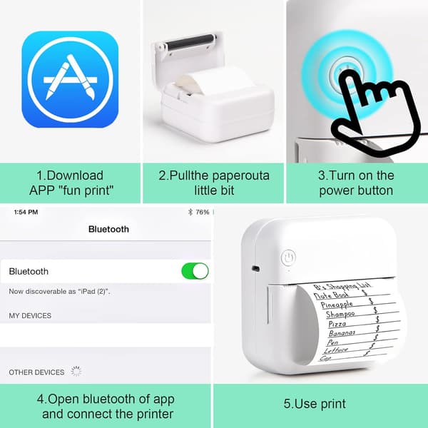 Bluetooth termisk skriver leveres med 6 ruller skriverpapir, kompatibel med Android Ios smarttelefoner