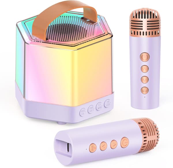Mini Karaoke Maskine til Børn, Bluetooth højttaler med 2 mikrofoner (Lilla)