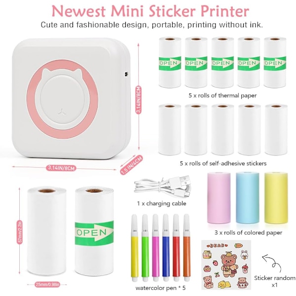 Mini Bærbar Bluetooth Lommeprinter til iPhone med 13 Ruller Papir til Noter, Fotos, Stickers, Etiketter, Kvitteringer - Pink