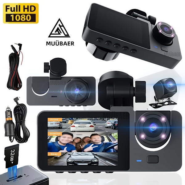 1080P HD 3-Kanalig Dashcam Fram, Bak och Inuti Bilkamera med Mörkerseende