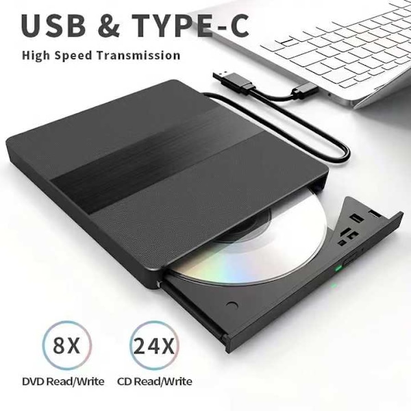 Extern CD/DVD RW-enhet USB 3.0 USB C, för Laptop PC Windows 11 10 Linux OS Mac