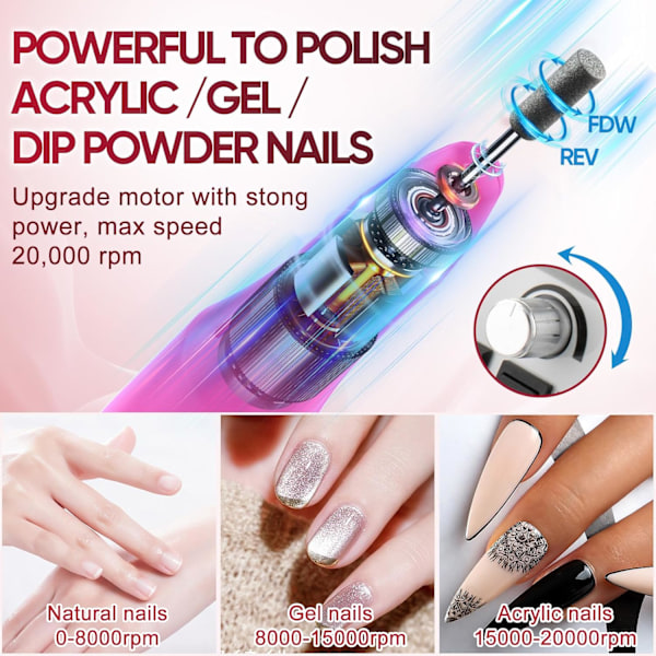 20000 RPM Professionell Elektrisk Nagelfil, Lågt Ljud med Poleringsborr, (vit)