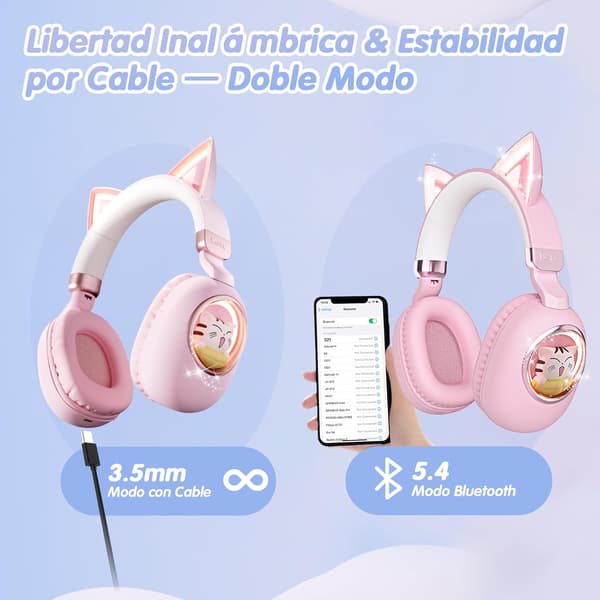 Bluetooth-hörlurar, Barnhörlurar med lysande kattöron (rosa)