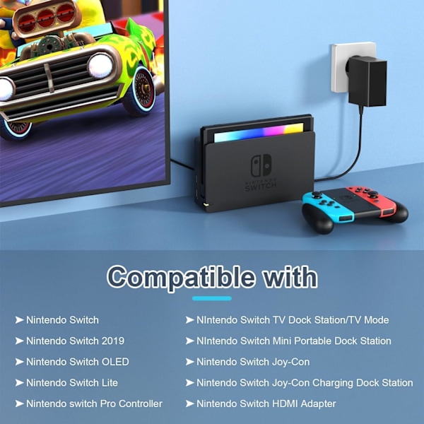 Laddare för Nintendo Switch, 39W Strömadapter Switch OLED/Lite/Dock/Controller Konsol, 15V / 2.6A