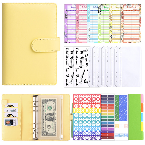Budgetbinder A6 PU-læder Notesbog Planlægger Organizer Gul 27 dele