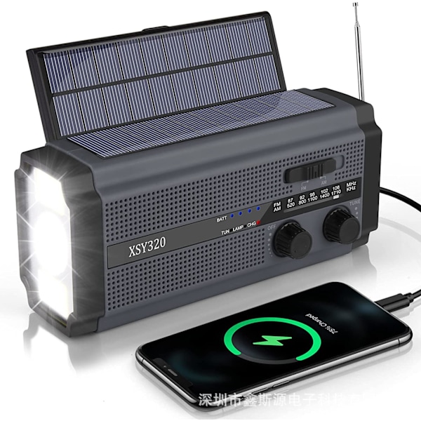 Vevradio Nödsituation Solcellsdriven Radio med 5000mAh Uppladdningsbart Batteri, (Grå-Svart)
