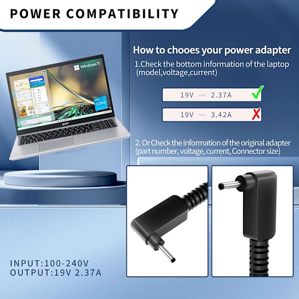 19V 2.37A 45W Strömadapter för Acer Aspire 5 A515-55 A515-56 A515-46 A515-43 A517-52 A515-54