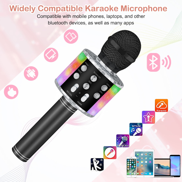 Børne Karaoke Mikrofon, Bærbar Trådløs Bluetooth Mikrofon med LED Lys til Drenge og Piger Sort