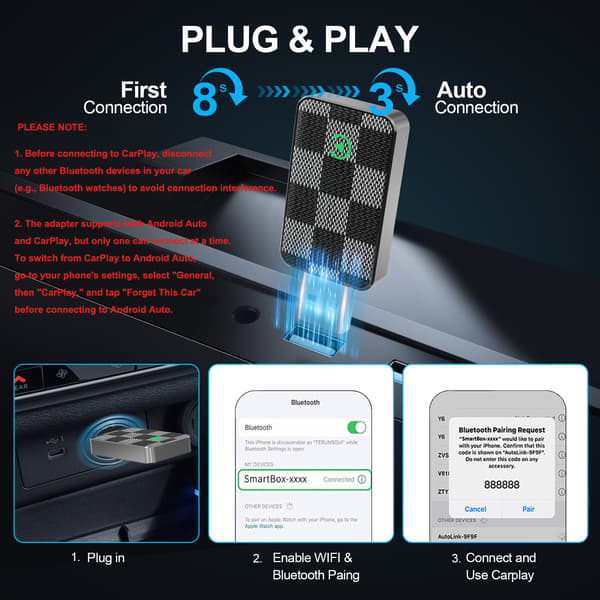 Langaton CarPlay-sovitin, 2-in-1 CarPlaylle ja Android Autolle (Gun)
