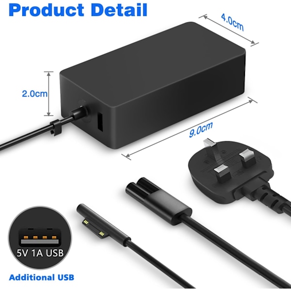 Surface Pro Laptop-lader, 65W Microsoft Surface Pro-lader for Surface Pro 9/8/X/7/6/5/4/3