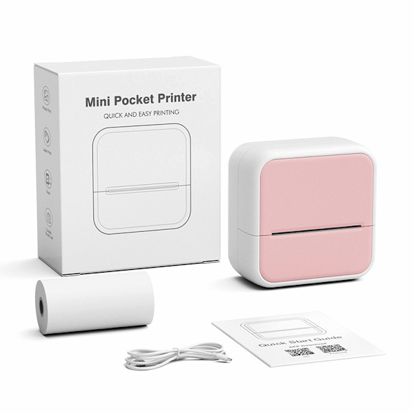 Bluetooth termisk printer, etiketprinter med 1 rulle etiketpapir (pink)