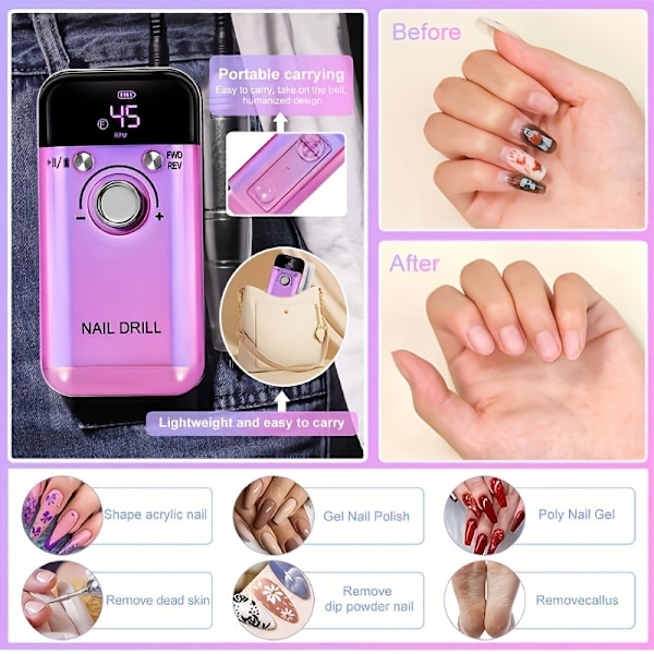 45000RPM Portabel Elektrisk Nagelborrmaskin Professionell Gel Polish Nagelfil Med Digital Display Skärm Rosa