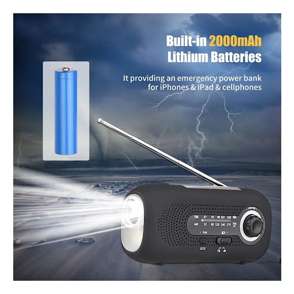 Multifunktionell Handvev Nödradio med Solceller 2000mah (Vit)