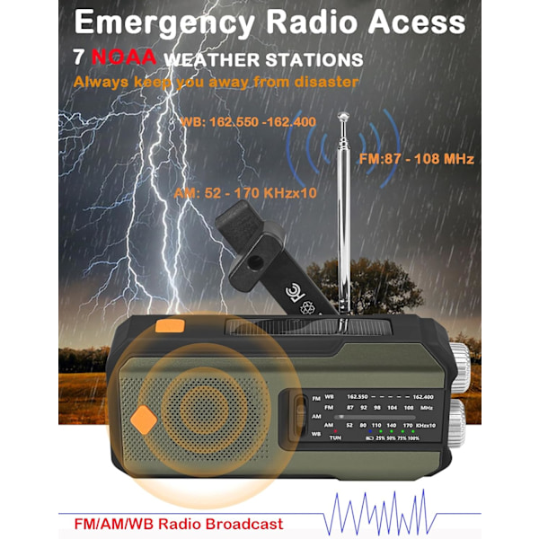 Nödhandvevradio med 3 LED-ficklampor, lämplig för inomhus- och utomhuscamping Armégren