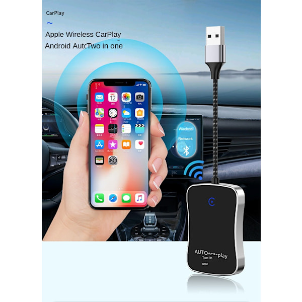 Kablet til trådløs Carplay Android Auto To-I-En Bilforbindelse Smart Boks, 1,1, Aux Kassette Adapter, Ny, By960P 2-I-1, 2-I-1