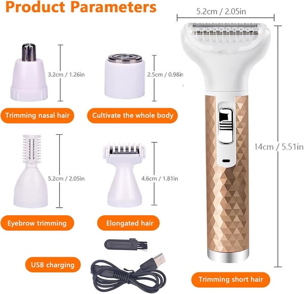 5-i-1 Multifunksjonell Trådløs Elektrisk Barbermaskin Dame Ansikts-epilator Hårfjerner USB Gull