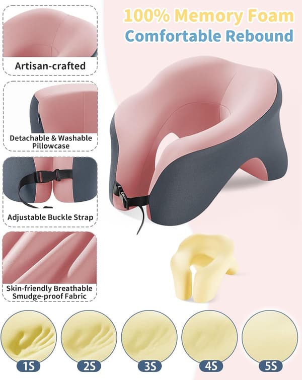 Nackkudde Memory Foam Komfort U-formad Resekudde 360° Huvudstöd Kudde Justerbart Spänne Rosa
