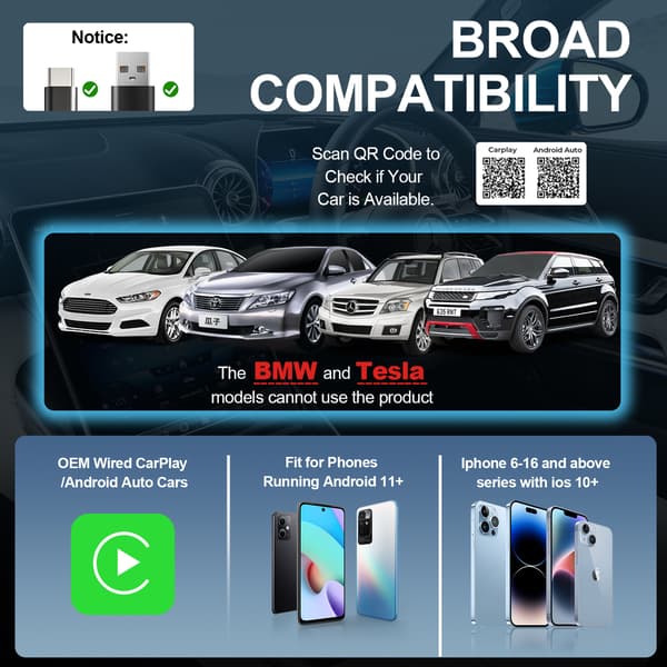 Langaton CarPlay-sovitin, 2-in-1 CarPlaylle ja Android Autolle (hopea)
