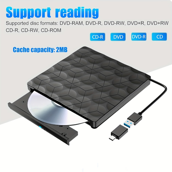 Bärbar Extern CD/DVD-enhet, USB 3.0 CD/VCD ROM-brännare