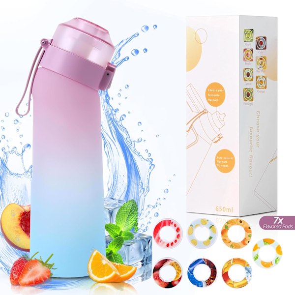 650 ml luftduftende smagsvandsflaske med 7 smagspuder, pink og blå