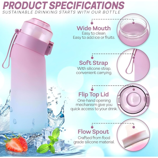 650 ml luftduftende smagsvandsflaske med 7 smagspuder, pink og blå