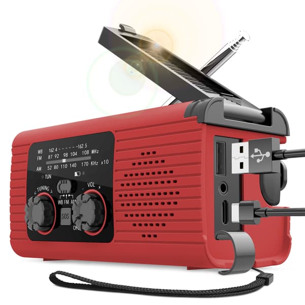 Radio med solcelle, 2000mah Håndsvinggenerator med lommelygte (Rød)