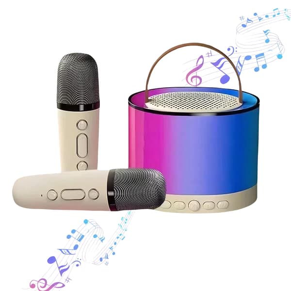 Mini Karaoke-laite lapsille, Bluetooth-kaiutin, 2 mikrofonilla (Beige)