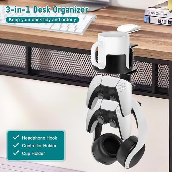 Hodetelefonstativ 4 i 1 roterbart justerbart spillkontrollerholder med koppholder (Hvit)