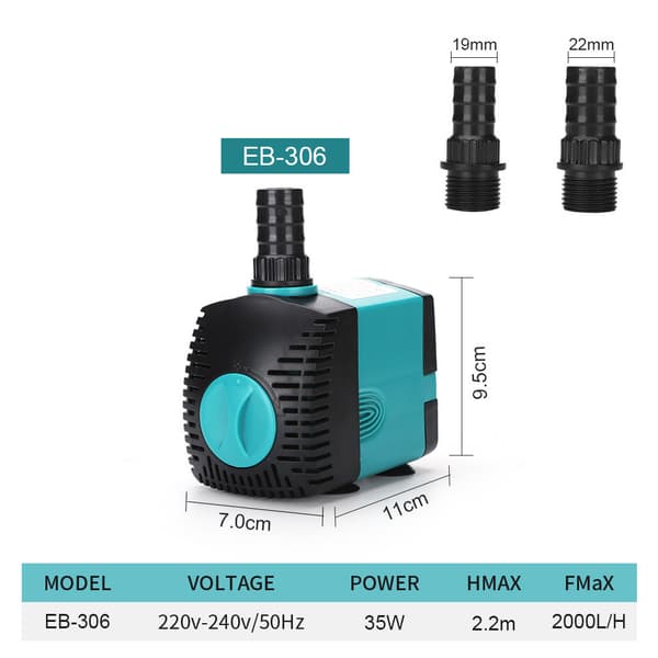 Dränkbar fontänvattenpump (2000L/H, 35W) med 2 munstycken 2,2 m lyfthöjd