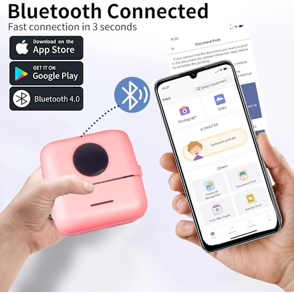 Bærbar Lomme Inkless Bluetooth Termisk Printer med 5 Ruller Papir til Dagbog/DIY Scrapbooking/Rejser/Noter Pink