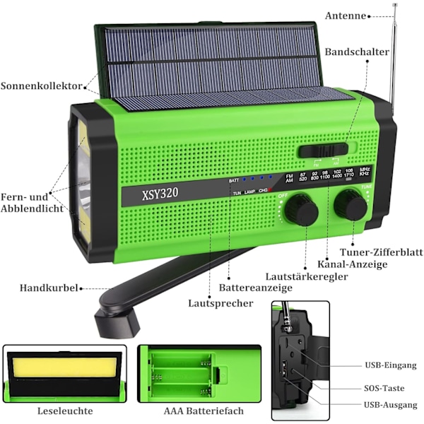 Vevradio Nödsituation Solcellsdriven Radio med 5000mAh Uppladdningsbart Batteri, (Grön)
