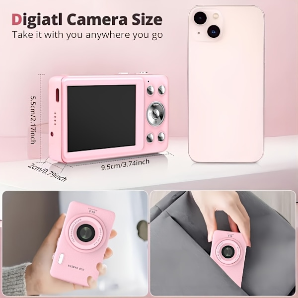 Digitalkamera 1080P HD Digitalkamera 16X Digital Zoom 2.4 Tommer LCD Skærm Pink