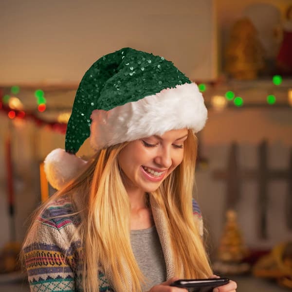 Julehat, Julehat med pailletter, egnet plys julehat til voksne (Mørkegrøn)