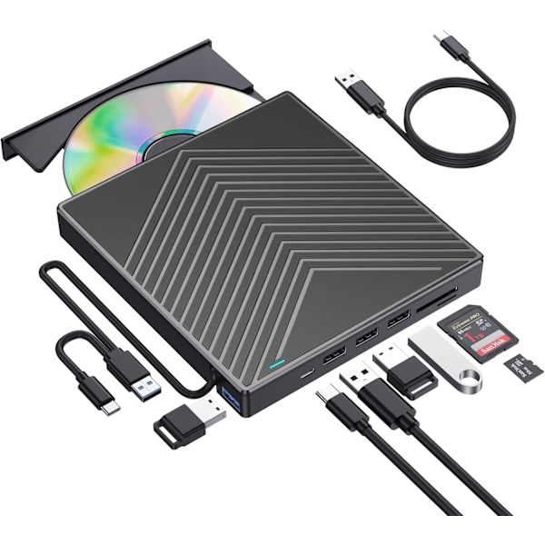 Ulkoinen CD DVD+/-RW -asema SD-kortinlukijalla ja USB 3.0/2.0 -porteilla kannettavalle Macille, PC Windowsille