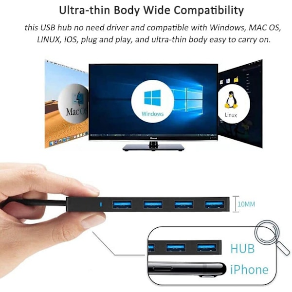 4 Port USB 3.0 Hub Expander för Laptop Svart