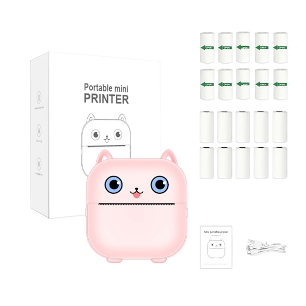 Portabel Bluetooth Termisk Skrivare X15 Rosa (10 Rullar Termopapper + 10 Rullar Klistermärken)