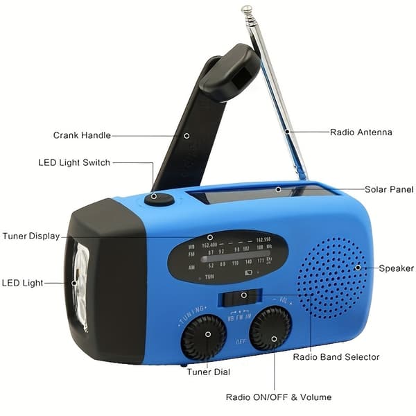 Radio med solcelle 2000Mah med strømgenerering og lommelygte (Blå)