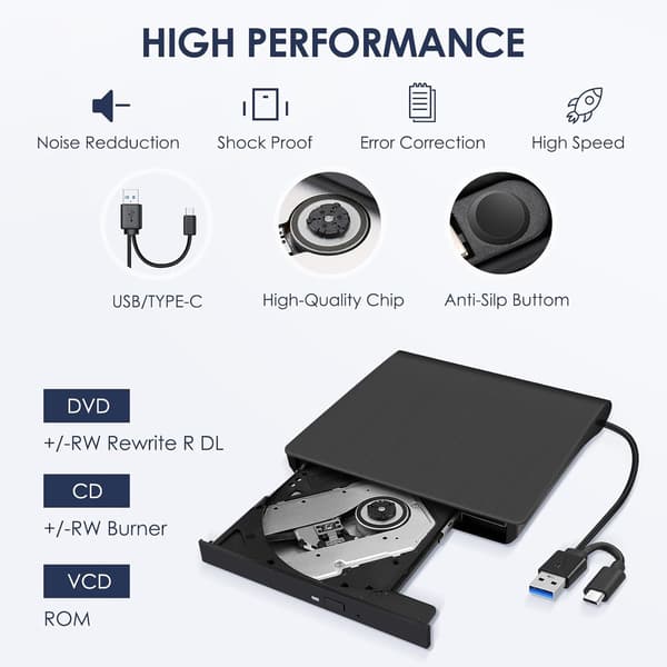 Ekstern CD/DVD-stasjon Type-C DVD-spiller USB 3.0 Bærbar Brenner
