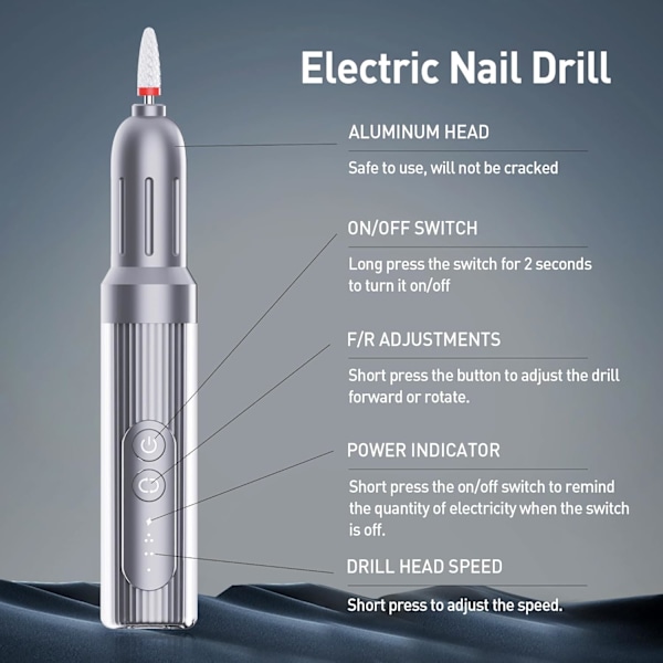 Elektrisk nagelfil med bas, 6 hastighetslägen, 12 nagelfilsbitar, 2 laddningslägen, professionell nagelfil