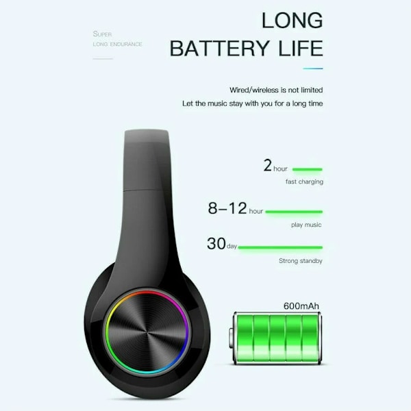 Ægte trådløse Bluetooth-hovedtelefoner, foldbart Bluetooth-headset, stereomikrofon, genopladelige hovedtelefoner, sort