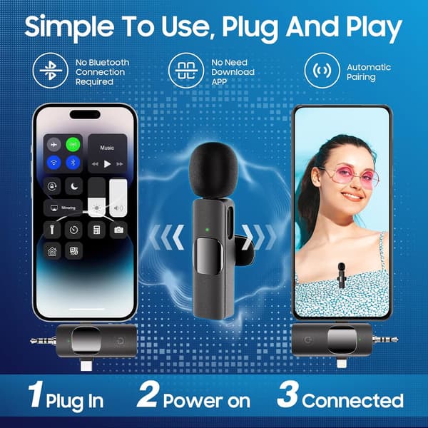 Professionell Trådlös Lavalier Mini Mikrofon - 3-i-1 Mikrofon För Iphone/Android/Kamera