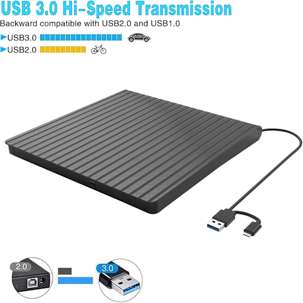 Ulkoinen CD/DVD-asema kannettavalle USB-C & USB 3.0 CD/DVD ROM -aseman lukija-kirjoitin