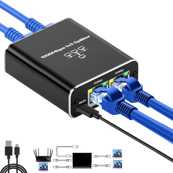 Ethernet Splitter 1 till 3 1000Mbps Gigabit Splitter med USB-ström RJ45 Nätverkshubb Stöder 3 Enheter Samtidigt