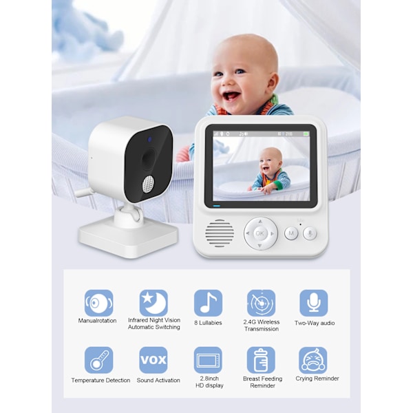 AMB900 Babyalarm 720P HD 2,8-tommers Skærm Tovejs Stemme Intercom Nattesyn Infrarød