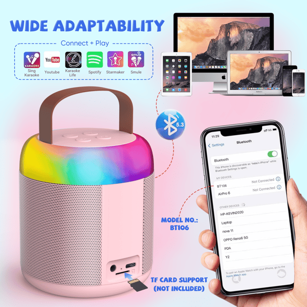 Mini Karaoke-maskin för barn, trådlös Bluetooth-högtalare med 2 mikrofoner (Vit)