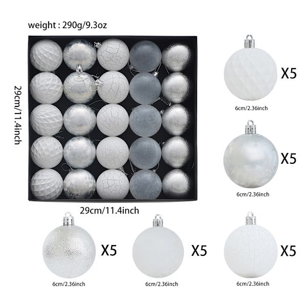 25 stk. julekuler 6 cm plastkulepynt (sølv)